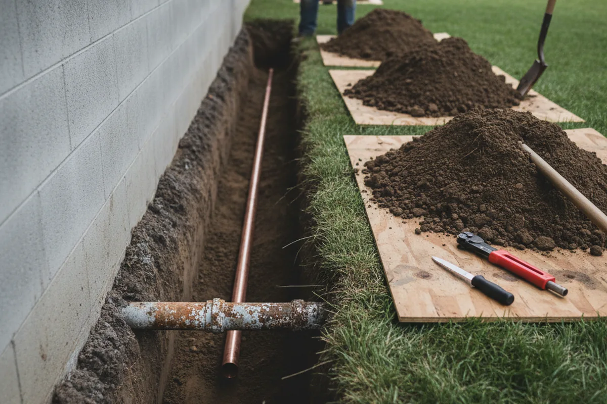 Excavated water line trench during Water Softener Installation in Manistee